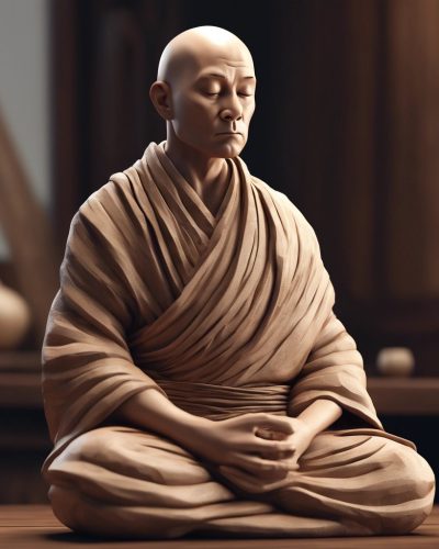 A portrait shot of a serene monk meditating, capturing a peaceful and contemplative atmosphere.
